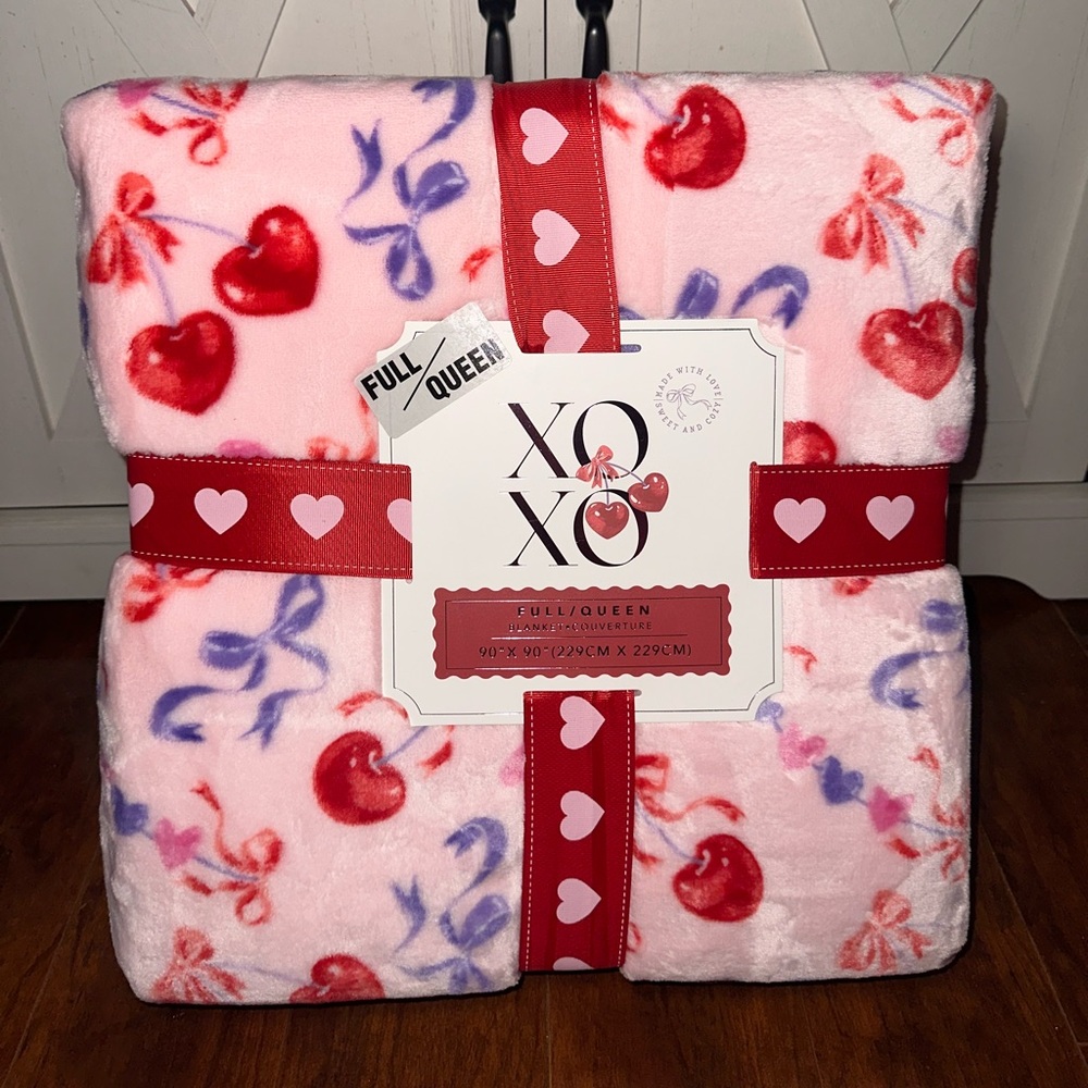 Valentines Pink Cherry Hearts with Bows Queen Plush Throw Blanket